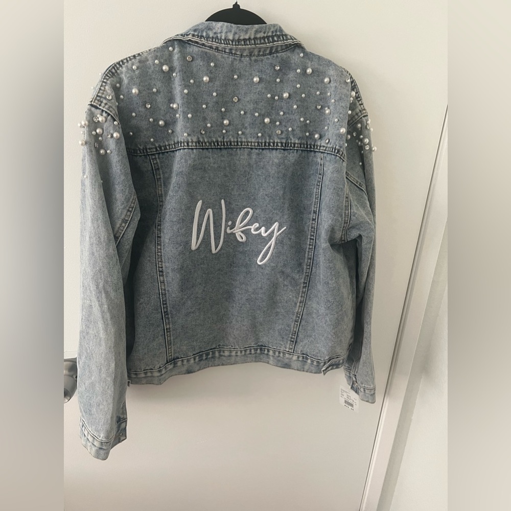 Denim wifey jacket with pearl and stud details NEW never worn